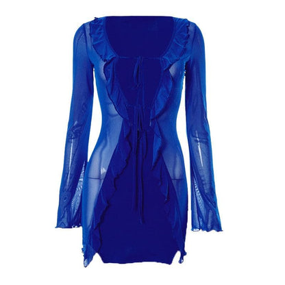 Sheer Mesh Long Sleeve Tie Front Ruffled Overlay Mini Dress Set