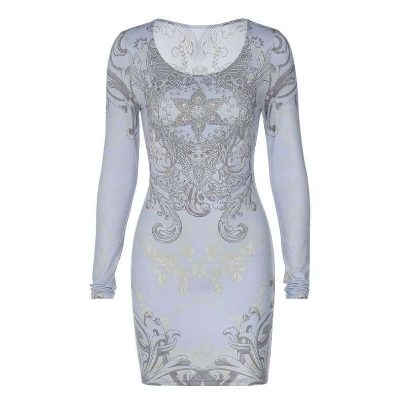 Crew Neck Long Sleeve Mandala Rhinestone Graphic Bodycon Mini Dress