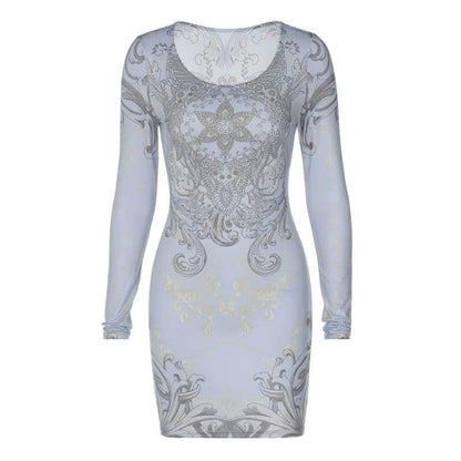 Crew Neck Long Sleeve Mandala Rhinestone Graphic Bodycon Mini Dress