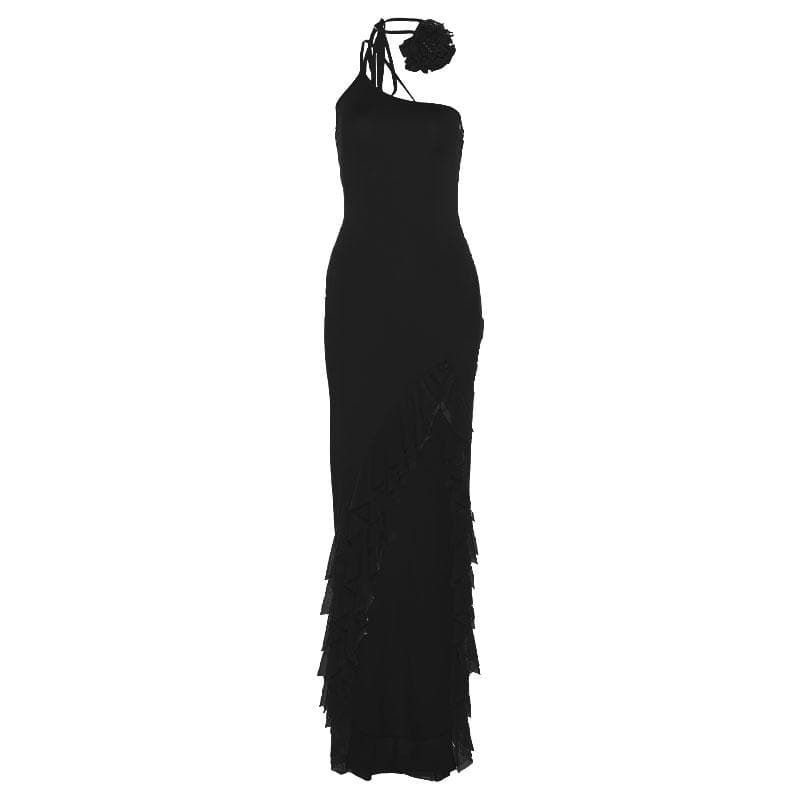 One Shoulder Flower Choker Ruffle Trim High Slit Ribbed Maxi Dress