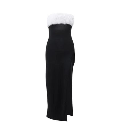 Faux Fur Trim Strapless Tube High Slit Bodycon Midi Dress
