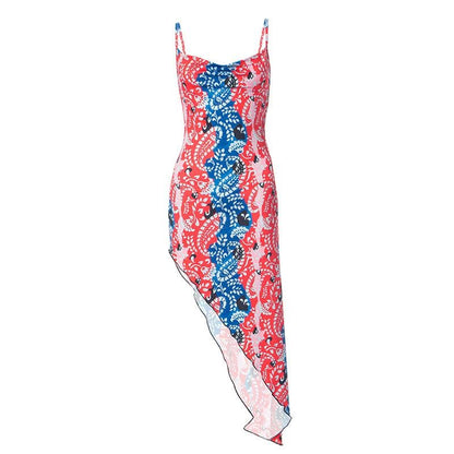 Paisley Print Cowl Neck Spaghetti Strap Thigh Slit Bodycon Midi Dress