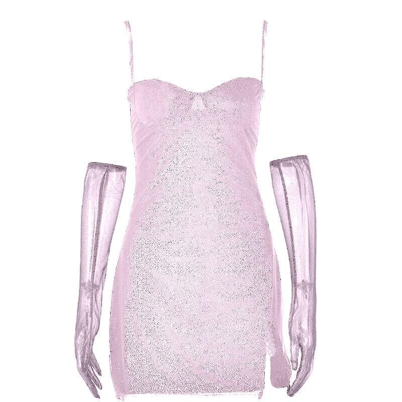 Sweetheart Neck Spaghetti Strap Glitter Side Slit Mesh Glove Mini Dress