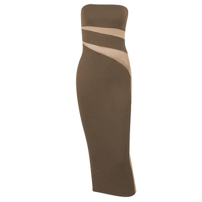 Strapless Diagonal Contrast Panel Bodycon Maxi Dress