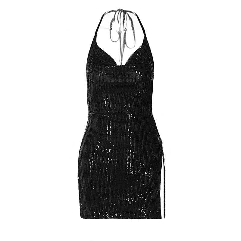 Sequin Cowl Neck Halter Open Side Slit Mini Dress