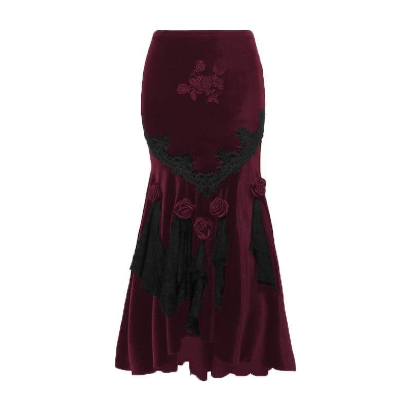 Off Shoulder Lace Corset Floral Embroidery Ruffle Hem Mermaid Maxi Skirt