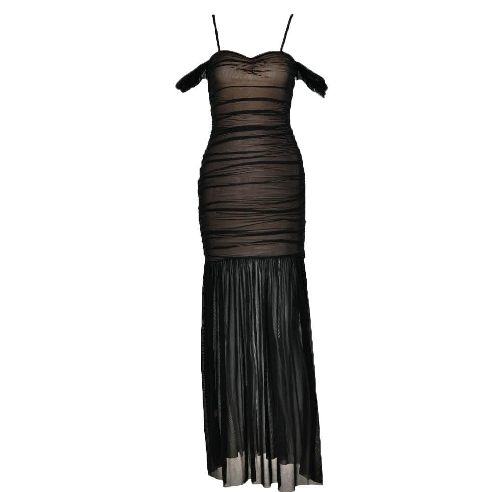 Off-Shoulder Ruched Mesh Contrast Panel Mermaid Hem Maxi Dress