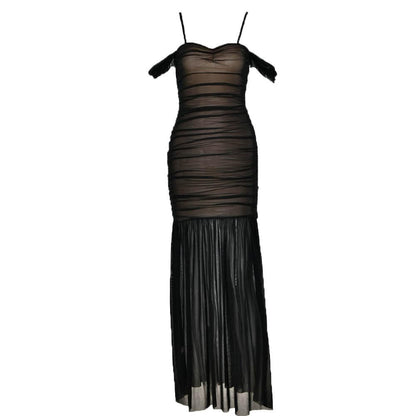 Off-Shoulder Ruched Mesh Contrast Panel Mermaid Hem Maxi Dress