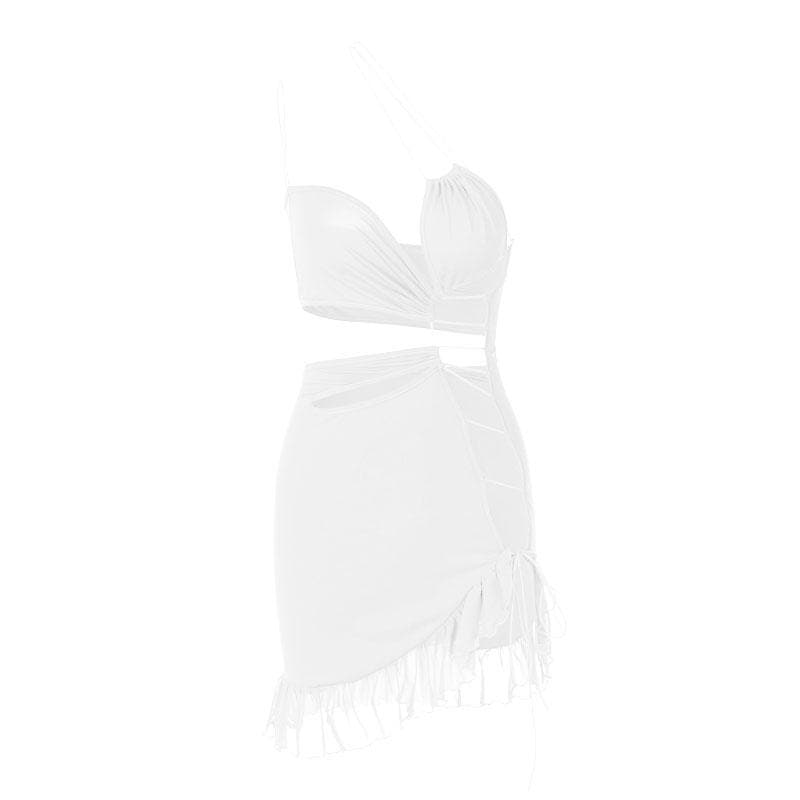One Shoulder Lace Up Side Cutout Ruffle Hem Mini Dress