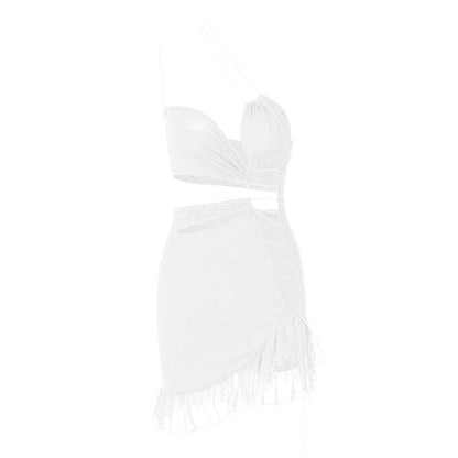 One Shoulder Lace Up Side Cutout Ruffle Hem Mini Dress