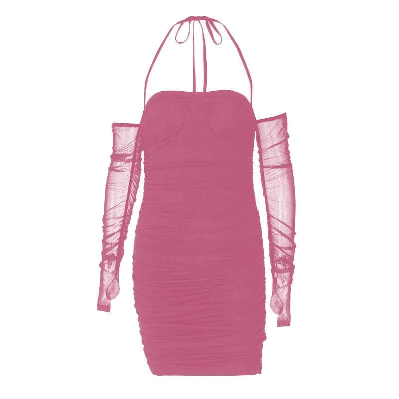 Halter Sweetheart Ruched Detached Mesh Sleeve Bodycon Mini Dress