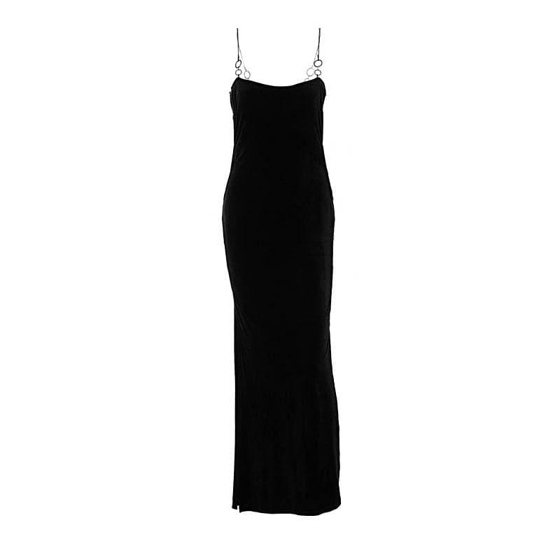 O Ring Spaghetti Strap Velvet Bodycon Backless Maxi Dress