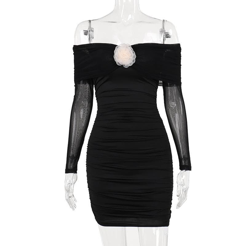 Off-Shoulder Rosette Applique Mesh Sleeve Ruched Mini Dress