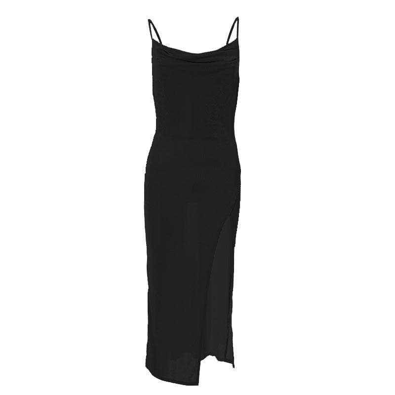 Cowl Neck Spaghetti Strap Ruched Waist High Slit Bodycon Maxi Dress