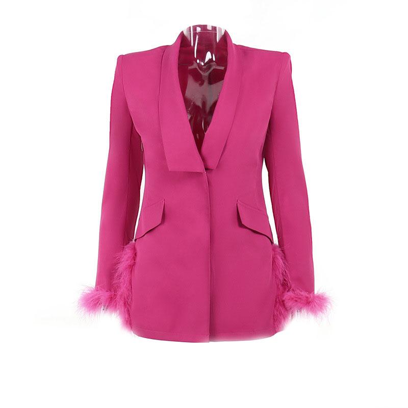 Shawl Collar Feather Trim Longline Blazer Coat