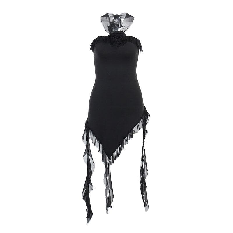 Strapless Ruffle Trim 3D Floral Applique Asymmetric Hem Backless Mini Dress