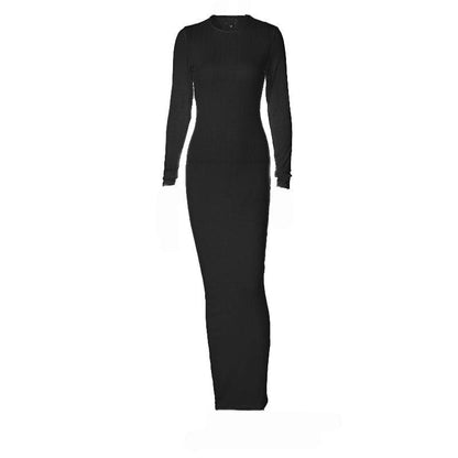 Ribbed Knit Crew Neck Long Sleeve Bodycon Maxi Dress