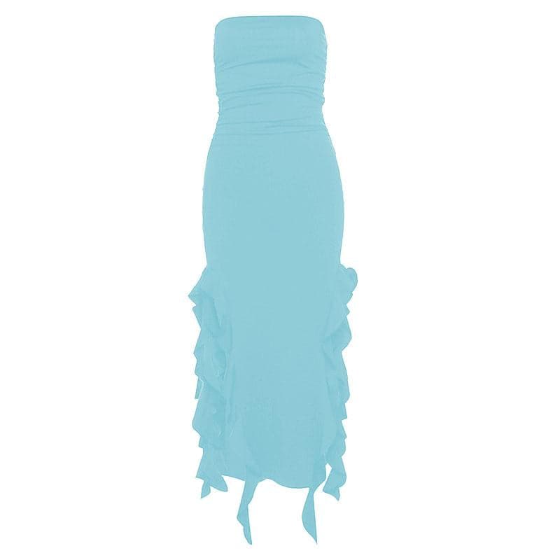 Strapless Ruched Double Slit Ruffle Hem Midi Dress