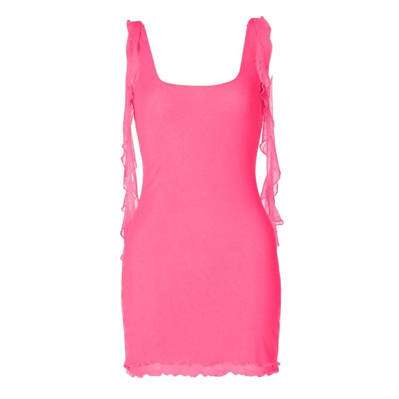 Square Neck Ruffled Strap Sheer Mesh Lettuce Hem Bodycon Mini Dress