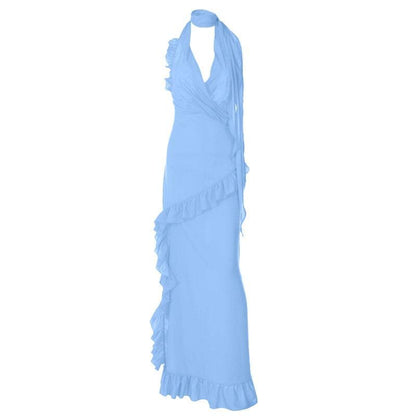 Halter Scarf Neck Surplice Ruffle Trim Maxi Gown