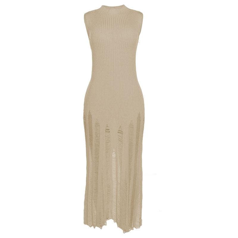Sleeveless Mock Neck Ribbed Knit Distressed Ladder Hem Maxi Dress