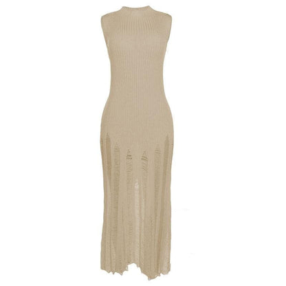 Sleeveless Mock Neck Ribbed Knit Distressed Ladder Hem Maxi Dress