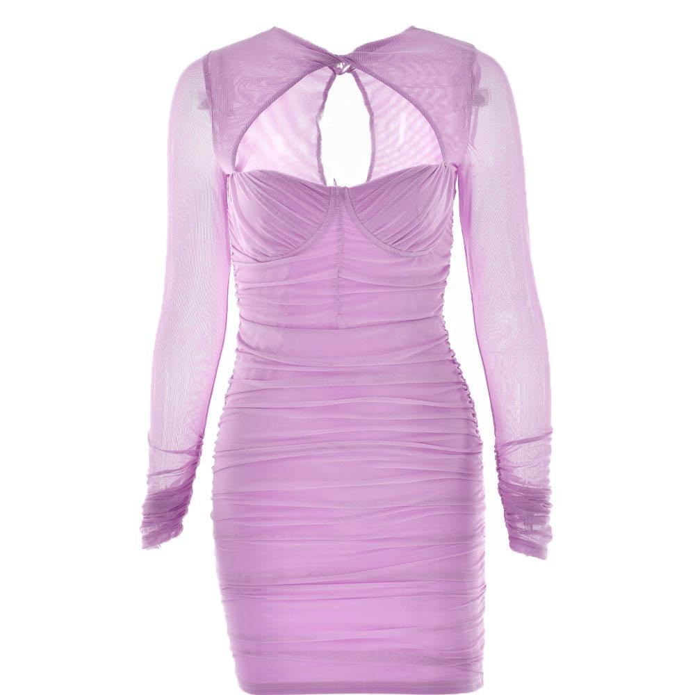Twist Neck Mesh Sleeve Chest Cutout Ruched Bodycon Mini Dress