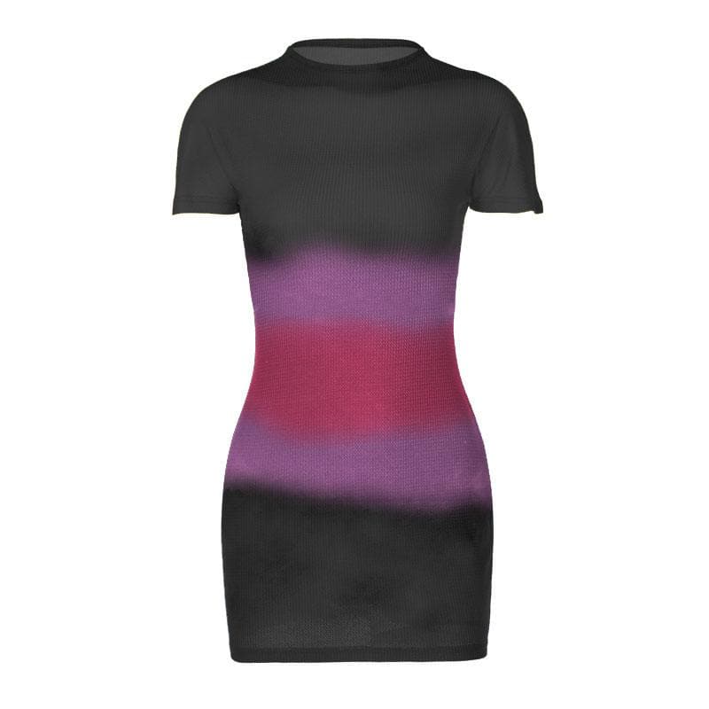 Ribbed Knit Tie Dye Gradient Mock Neck Short Sleeve Mini Dress