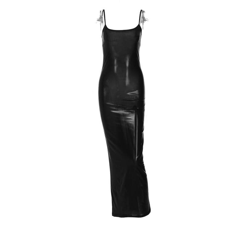Metallic Scoop Neck Spaghetti Strap Backless Cami Maxi Dress