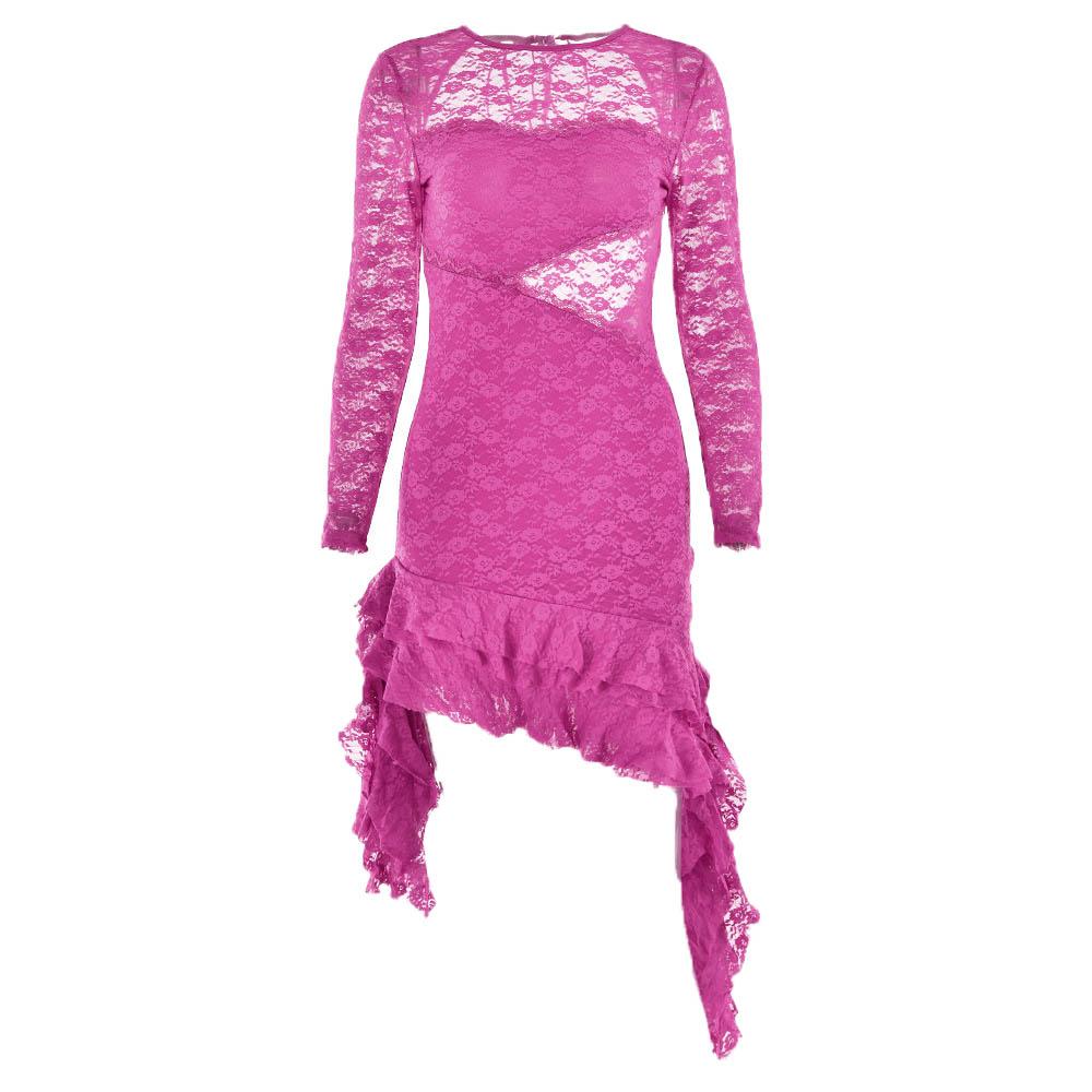 Lace Sweetheart Cutout Long Sleeve Asymmetric Ruffle Hem Mini Dress