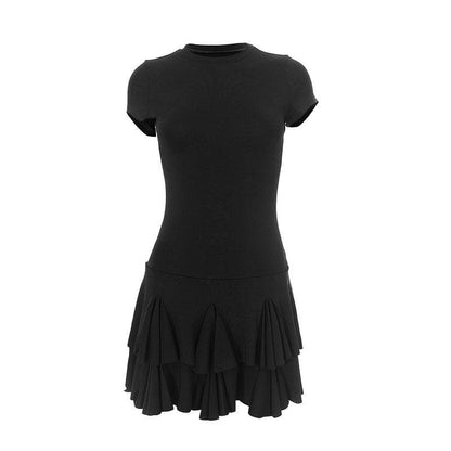 Crew Neck Drop Waist Pleated Tier Mini Dress