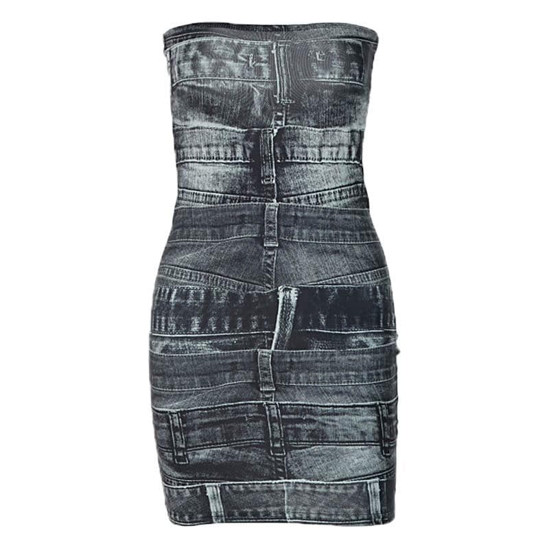 Strapless Denim Waistband Patchwork Bodycon Mini Dress