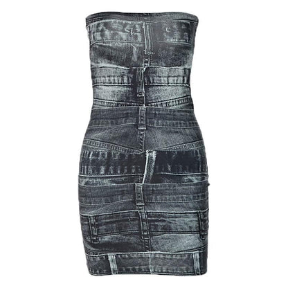 Strapless Denim Waistband Patchwork Bodycon Mini Dress