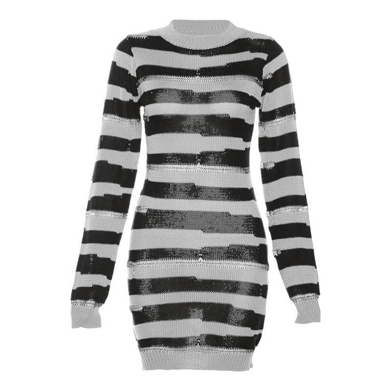 Crew Neck Distressed Open Knit Glitch Stripe Rib Knit Mini Dress
