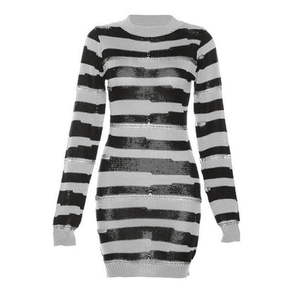 Crew Neck Distressed Open Knit Glitch Stripe Rib Knit Mini Dress