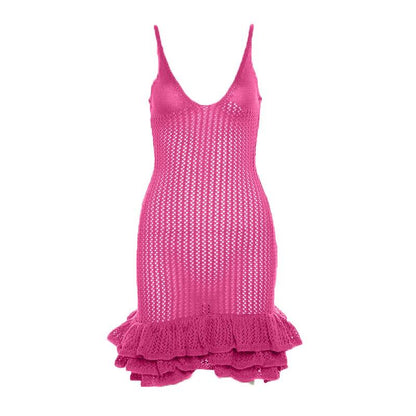 Spaghetti Strap V-Neck Crochet Pointelle Ruffle Lettuce Hem Mini Dress