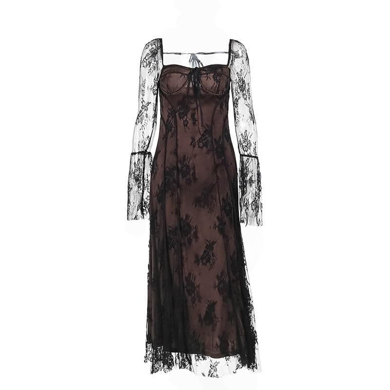 Square Neck Corset Lace Long Sleeve Bell Cuff Paneled Maxi Dress