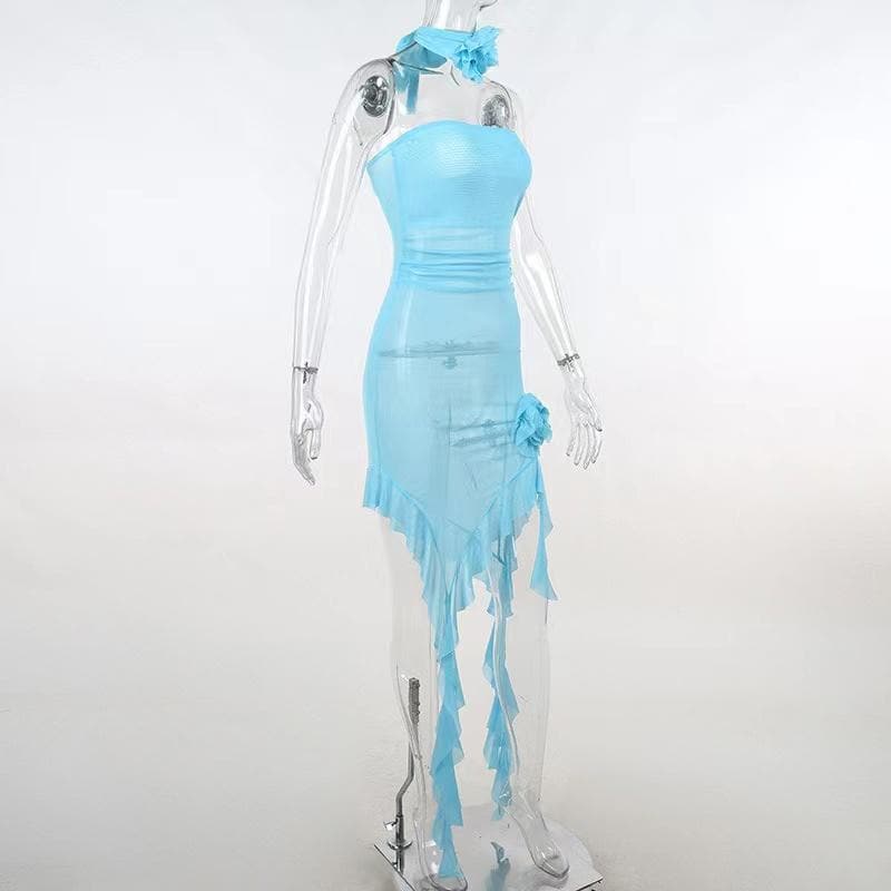 Strapless Sheer Mesh Flower Applique Ruffle Midi Dress