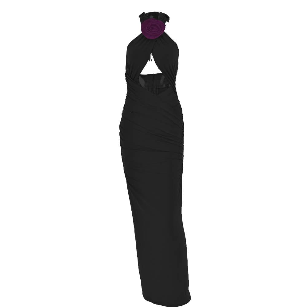 Halter Neck Flower Applique Cutout Cross Front Contrast Ruched Maxi Dress