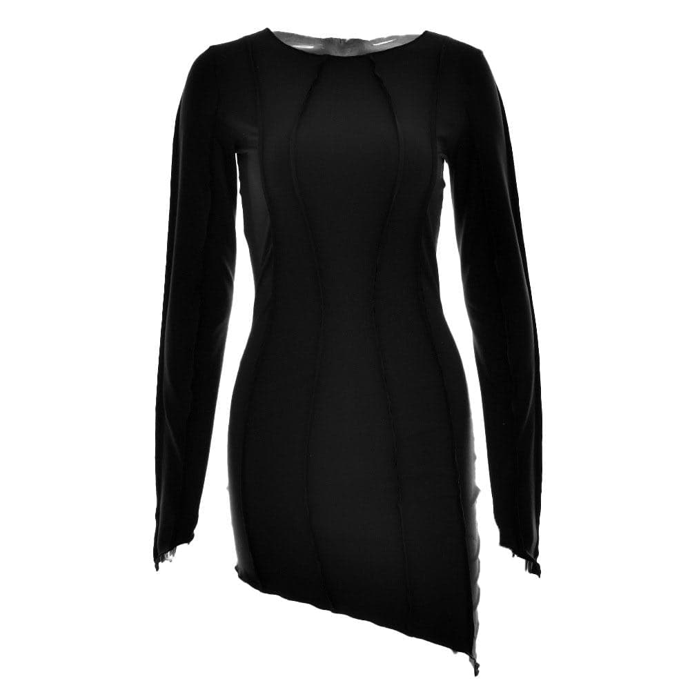 Crew Neck Exposed Wavy Seam Raw Edge Asymmetrical Hem Bodycon Mini Dress