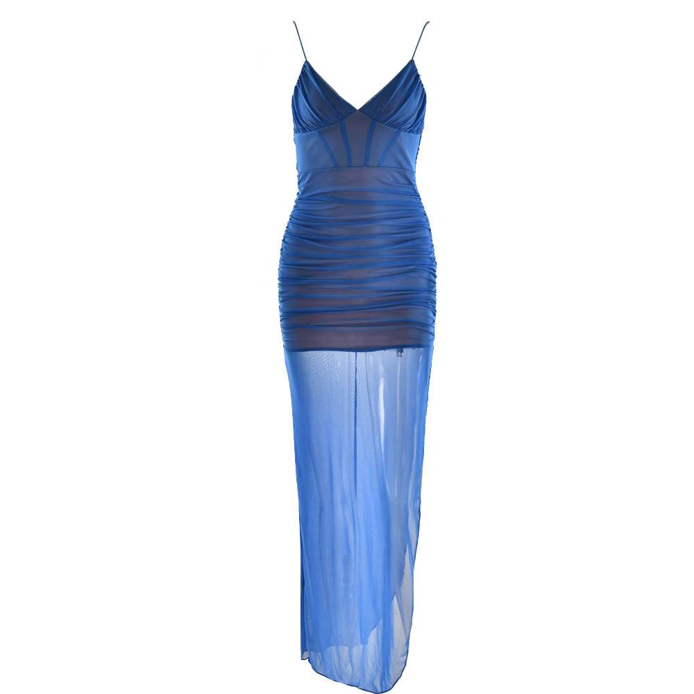 Sweetheart Spaghetti Strap Mesh Overlay Ruched Corset High Slit Maxi Dress