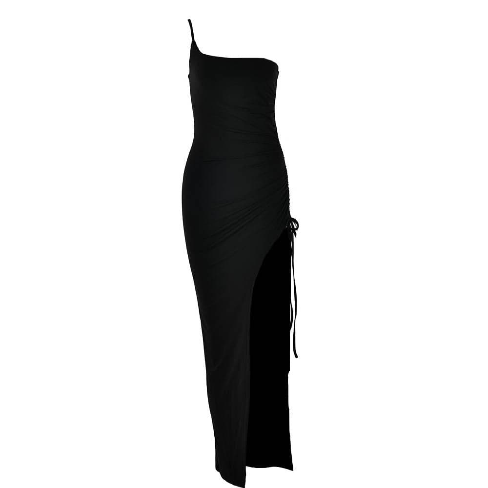 One Shoulder Side Ruched Drawstring High Slit Maxi Dress