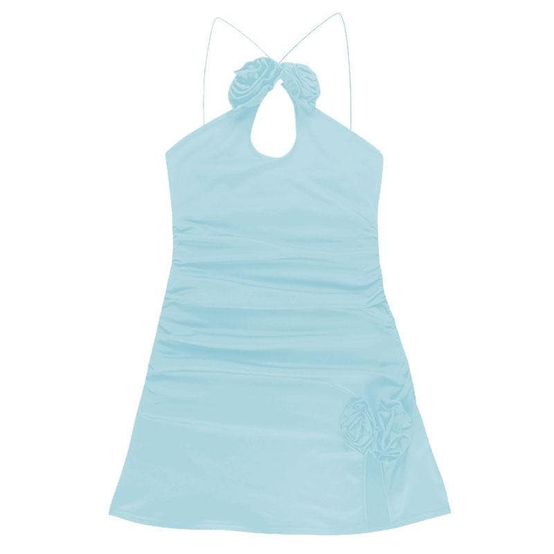 Halter Flower Applique Keyhole Ruched Side Slit Mini Dress
