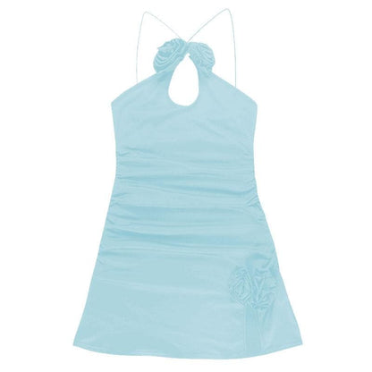 Halter Flower Applique Keyhole Ruched Side Slit Mini Dress