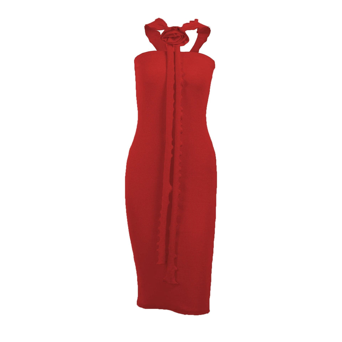 Halter Cross Neck 3D Applique Cascading Ruffle Ribbed Midi Dress