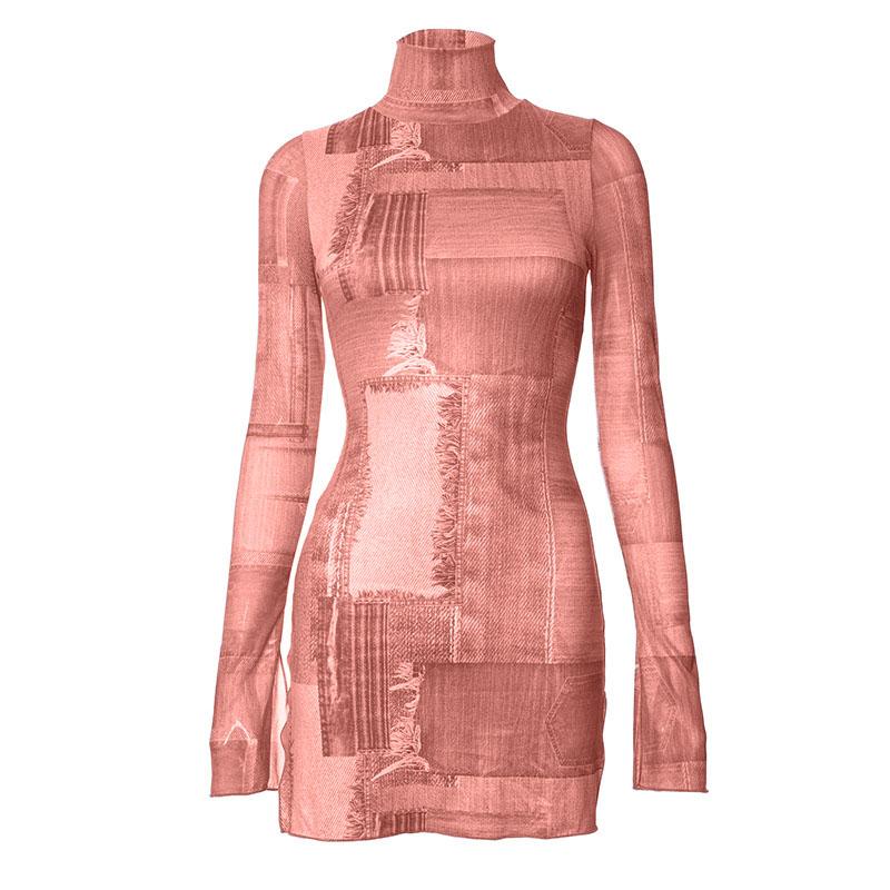 Denim Patchwork Print Mock Neck Extra Long Sleeve Mesh Mini Dress