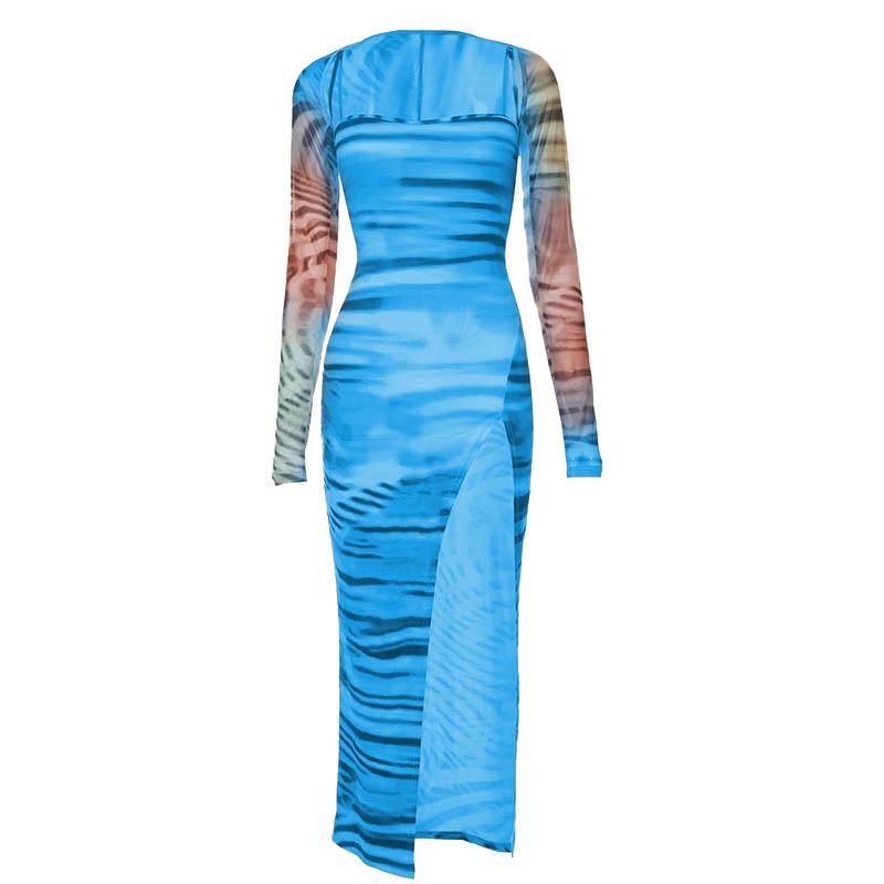 Tiger Print Spaghetti Strap Thigh Slit Bodycon Maxi Dress with Long Sleeve Shrug