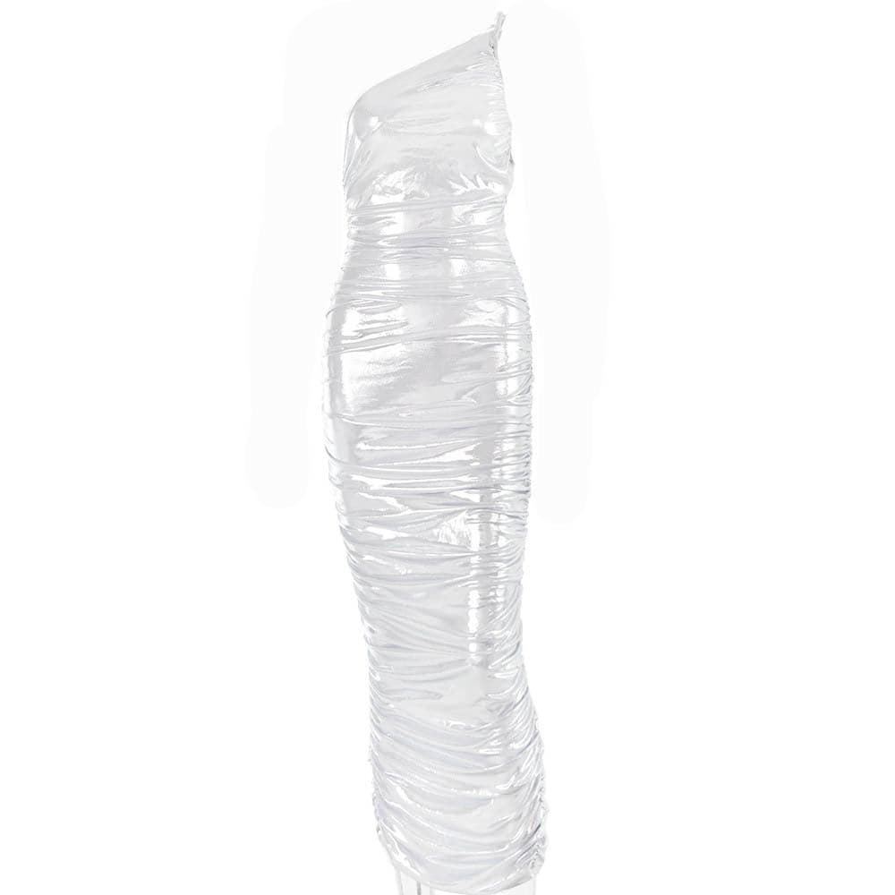 One Shoulder Asymmetric Neck Side Seam Ruched Zip Detail Floor Length Maxi Dress