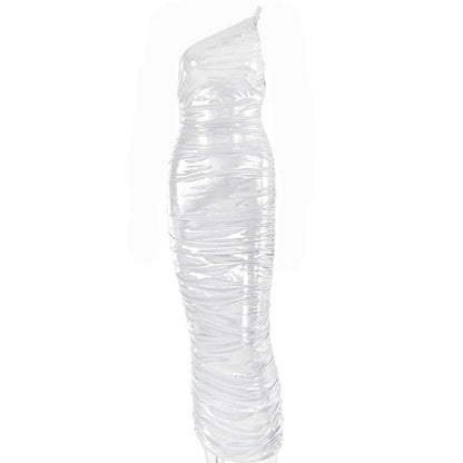 One Shoulder Asymmetric Neck Side Seam Ruched Zip Detail Floor Length Maxi Dress