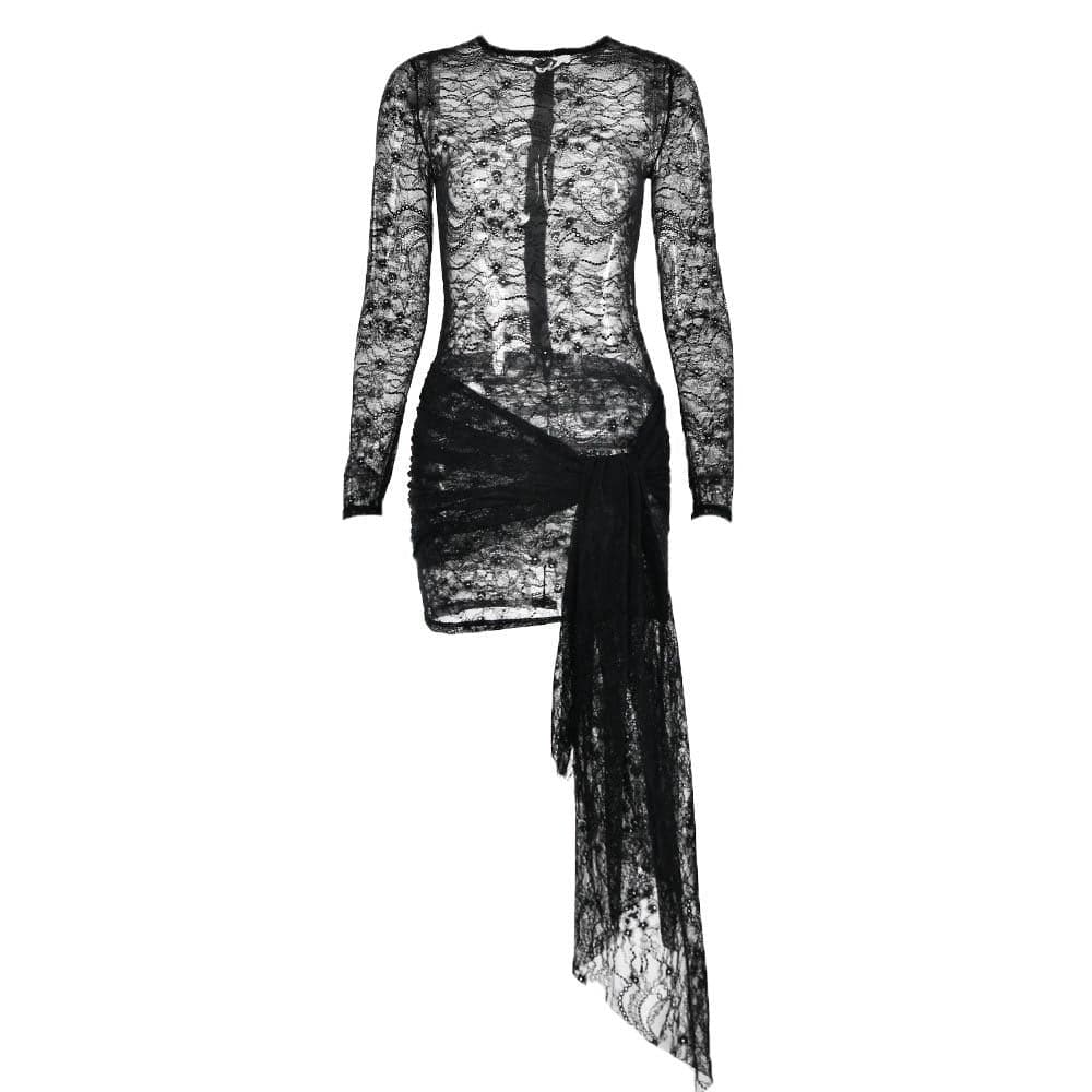 Lace Long Sleeve Draped Sash Ruched Mini Dress